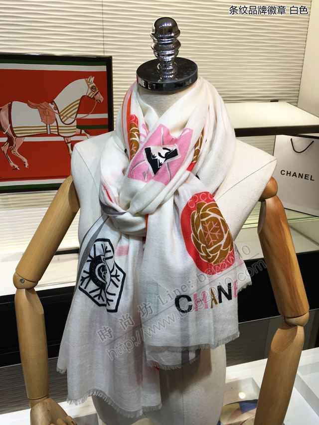 CHANEL圍巾 秋冬新款 條紋品牌徽章 香奈兒頂級純山羊絨女圍巾  llwj6743
